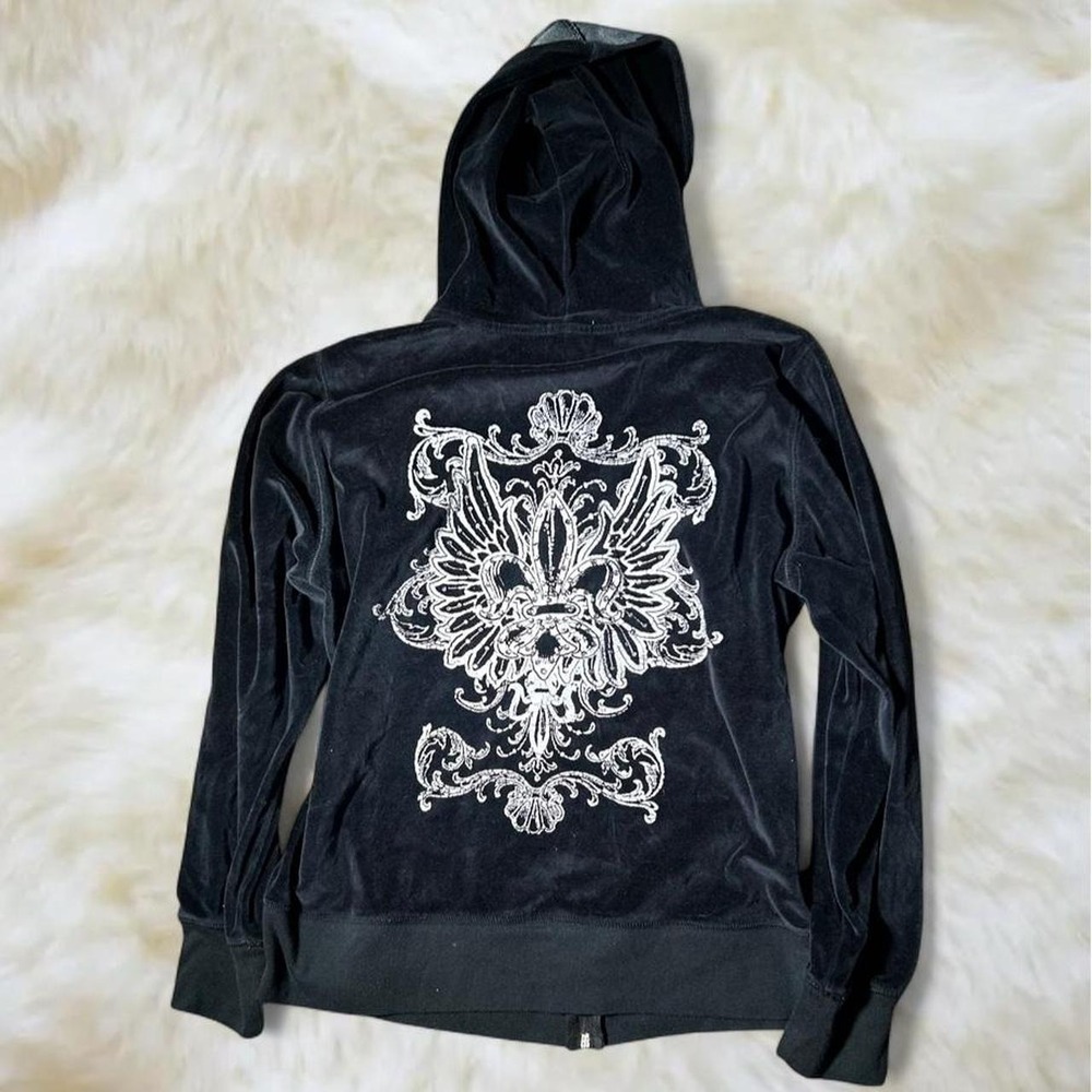 Hiatus Y2K Black Velour Graphic Zip-Up Hoodie Ornate Baroque Gothic 1XL XL